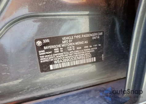 2014 BMW 335 Xi из США, поврежденный, VIN WBA3B9G53ENR92350